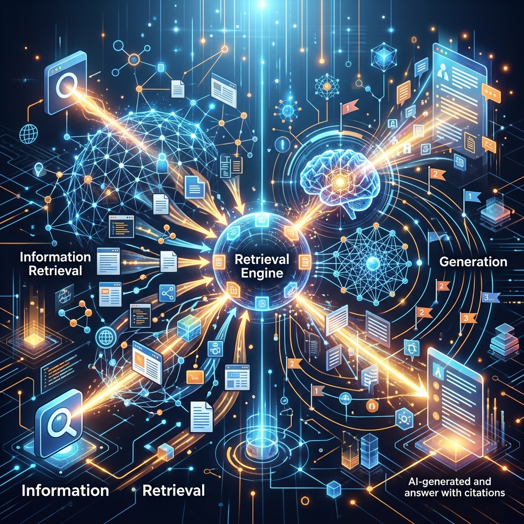 Infografía interactiva detallando el funcionamiento técnico del proceso RAG en motores generativos de búsqueda