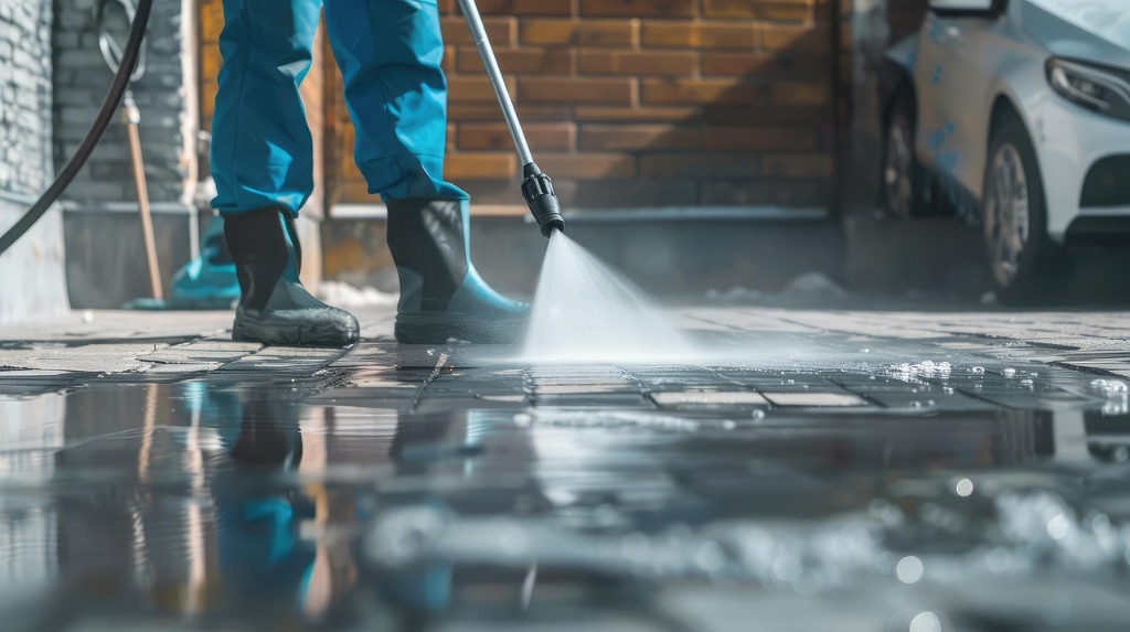 Servicio profesional de lavado a presión en el suelo de concreto